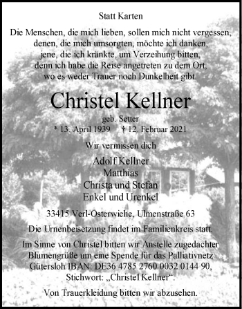 Traueranzeige von Christel Kellner von Die Glocke