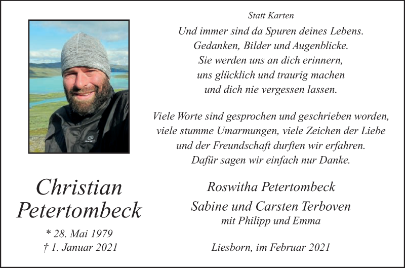  Traueranzeige für Christian Petertombeck vom 13.02.2021 aus Die Glocke