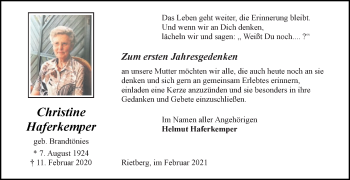 Traueranzeige von Christine Haferkemper von Die Glocke