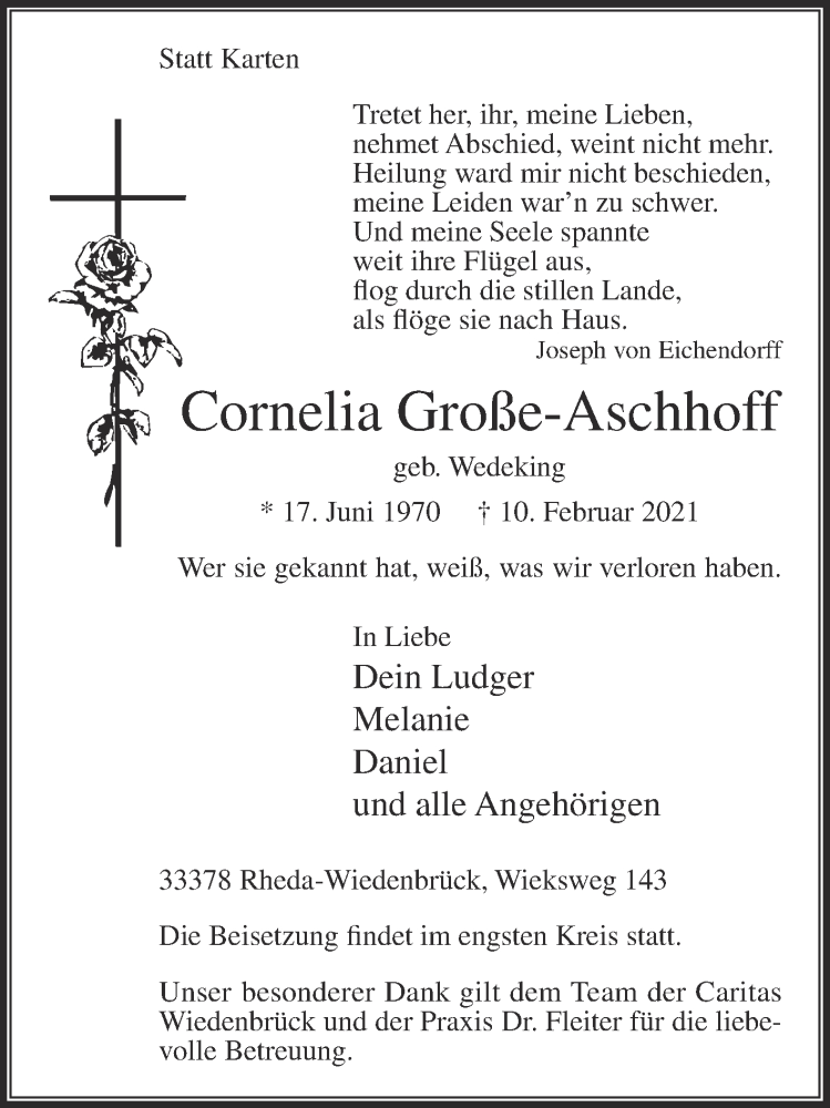  Traueranzeige für Cornelia Große-Aschhoff vom 13.02.2021 aus Die Glocke