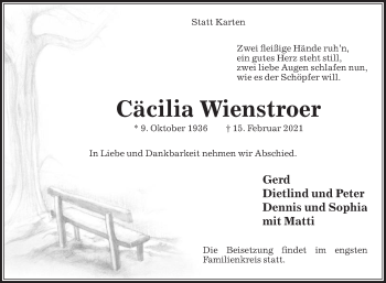 Traueranzeige von Cäcilia Wienstroer von Die Glocke