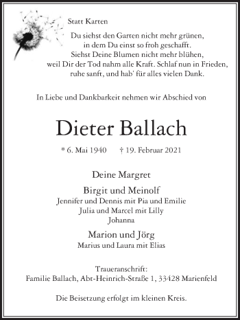 Traueranzeige von Dieter Ballach von Die Glocke