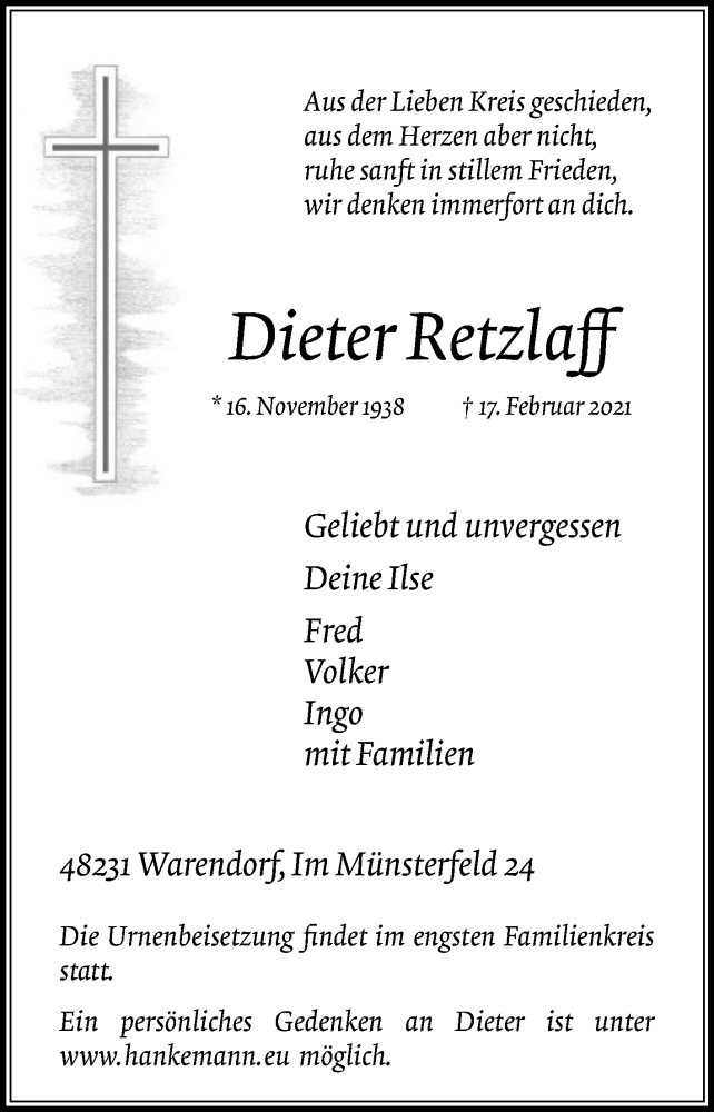  Traueranzeige für Dieter Retzlaff vom 24.02.2021 aus Die Glocke
