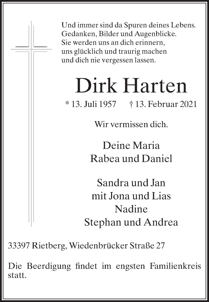  Traueranzeige für Dirk Harten vom 19.02.2021 aus Die Glocke