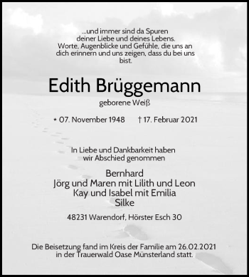 Traueranzeige von Edith Brüggemann von Die Glocke