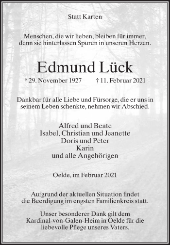 Traueranzeige von Edmund Lück von Die Glocke