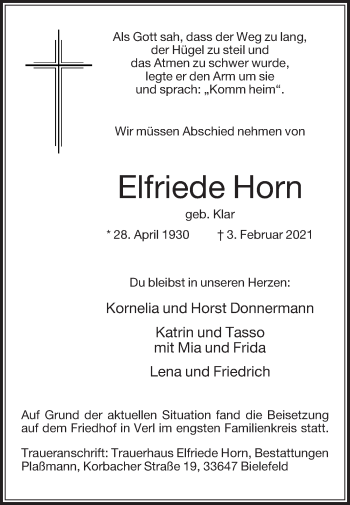 Traueranzeige von Elfriede Horn von Die Glocke