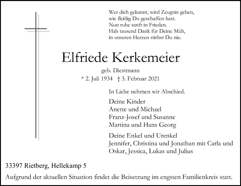  Traueranzeige für Elfriede Kerkemeier vom 06.02.2021 aus Die Glocke