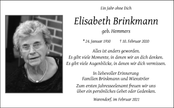 Traueranzeige von Elisabeth Brinkmann von Die Glocke