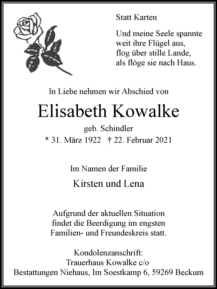  Traueranzeige für Elisabeth Kowalke vom 27.02.2021 aus Die Glocke