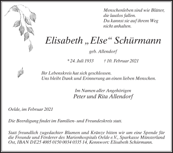 Traueranzeige von Elisabeth Schürmann von Die Glocke