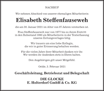 Traueranzeige von Elisabeth Steffenfauseweh von Die Glocke