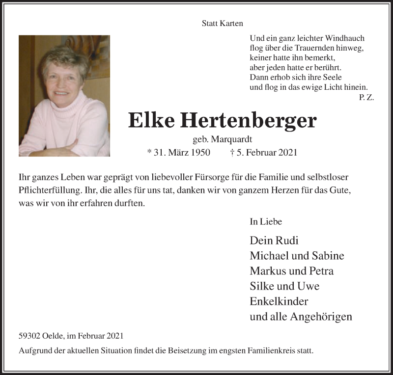 Traueranzeige für Elke Hertenberger vom 27.02.2021 aus Die Glocke