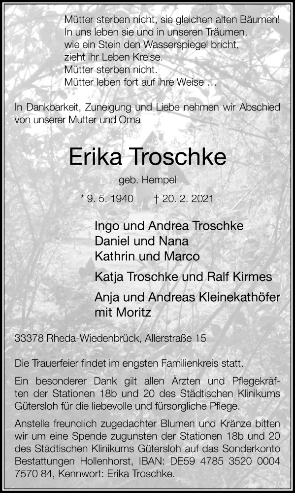  Traueranzeige für Erika Troschke vom 24.02.2021 aus Die Glocke