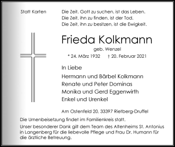 Traueranzeige von Frieda Kolkmann von Die Glocke