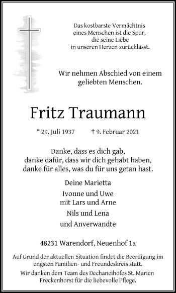 Traueranzeige von Fritz Traumann von Die Glocke