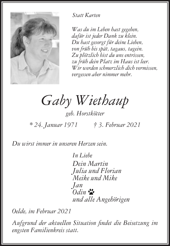  Traueranzeige für Gaby Wiethaup vom 12.02.2021 aus Die Glocke
