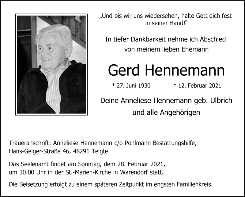  Traueranzeige für Gerd Hennemann vom 24.02.2021 aus Die Glocke