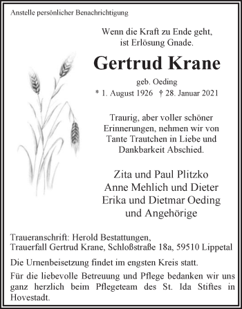 Traueranzeige von Gertrud Krane von Die Glocke