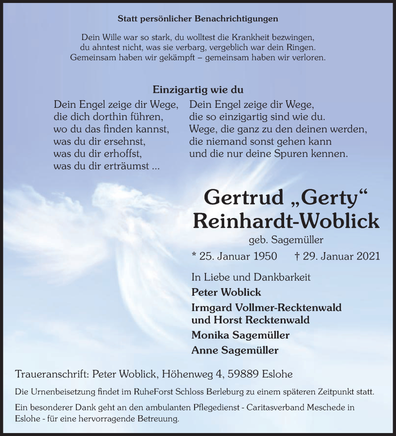  Traueranzeige für Gertrud Reinhardt-Woblick vom 06.02.2021 aus Die Glocke