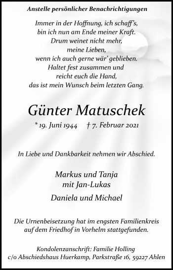 Traueranzeige von Günter Matuschek von Die Glocke