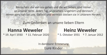 Traueranzeige von Hanna Weweler von Die Glocke
