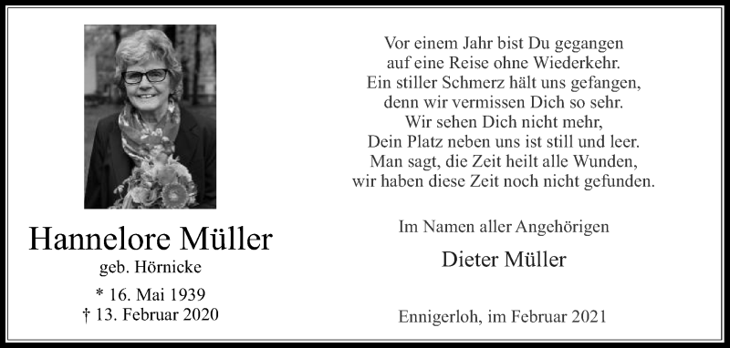  Traueranzeige für Hannelore Müller vom 13.02.2021 aus Die Glocke
