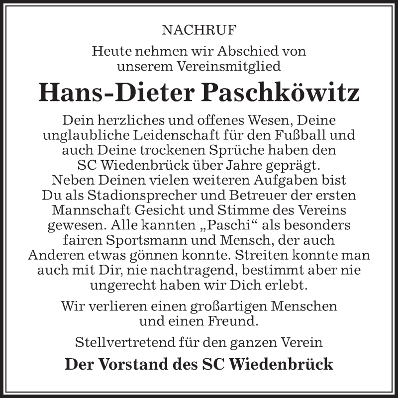  Traueranzeige für Hans-Dieter Paschköwitz vom 19.02.2021 aus Die Glocke
