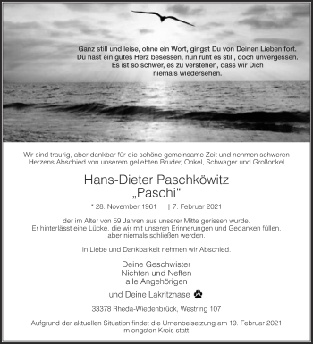 Traueranzeige von Hans-Dieter Paschköwitz von Die Glocke