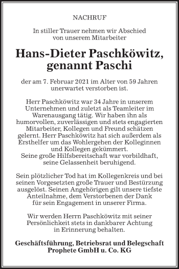 Traueranzeige von Hans-Dieter Paschköwitz von Die Glocke