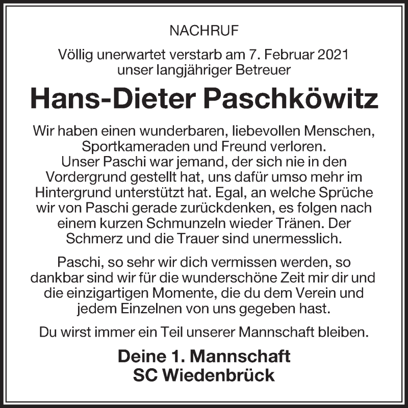  Traueranzeige für Hans-Dieter Paschköwitz vom 13.02.2021 aus Die Glocke