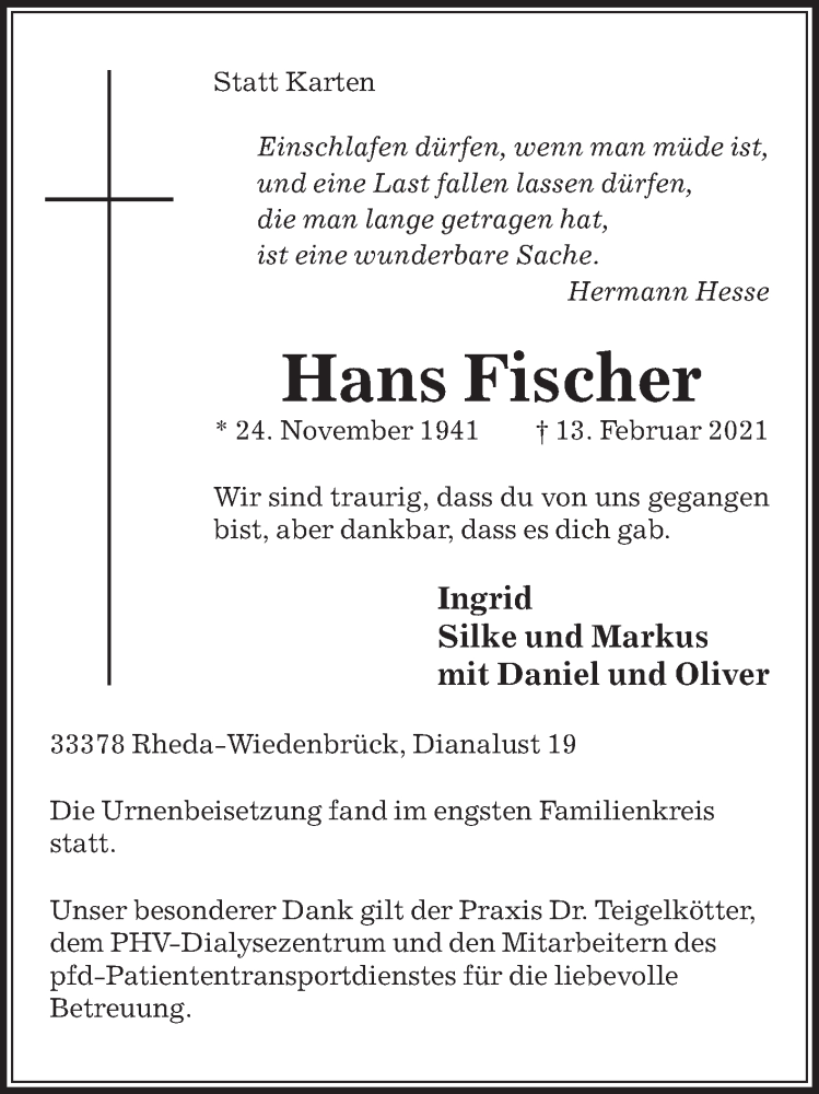  Traueranzeige für Hans Fischer vom 27.02.2021 aus Die Glocke