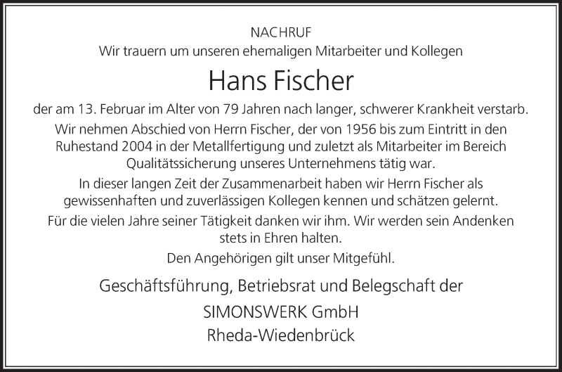  Traueranzeige für Hans Fischer vom 24.02.2021 aus Die Glocke
