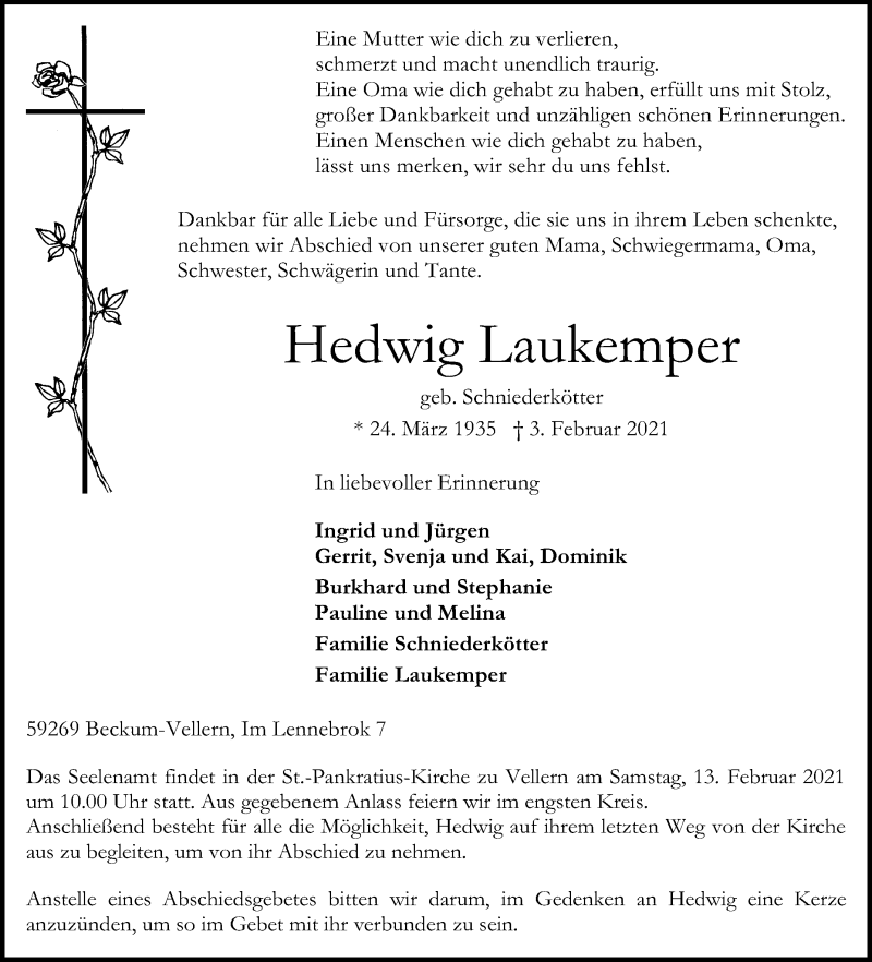  Traueranzeige für Hedwig Laukemper vom 06.02.2021 aus Die Glocke