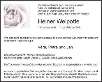 Traueranzeige von Heiner Welpotte von Die Glocke