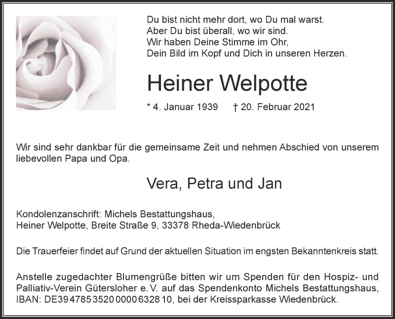  Traueranzeige für Heiner Welpotte vom 24.02.2021 aus Die Glocke