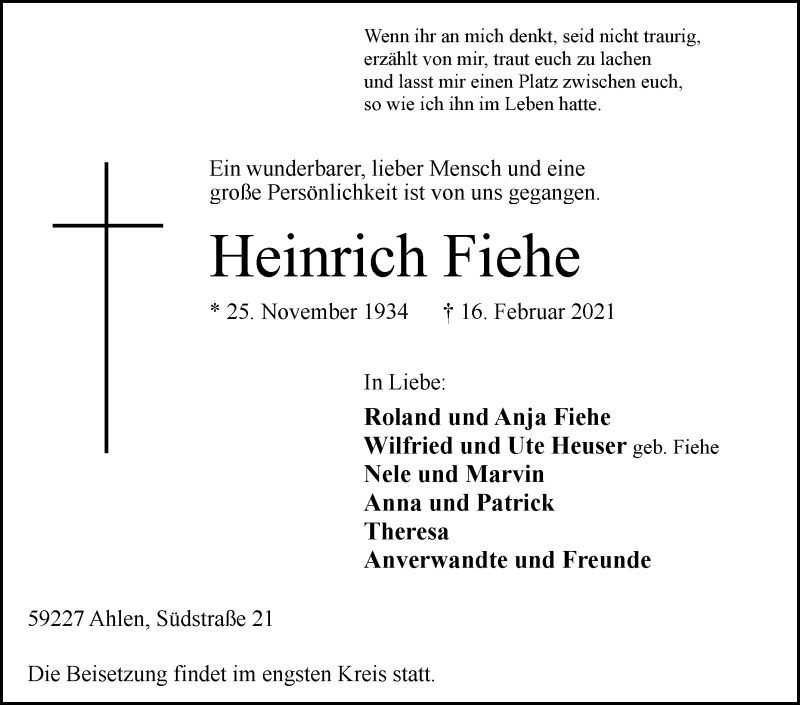  Traueranzeige für Heinrich Fiehe vom 20.02.2021 aus Die Glocke