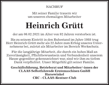Traueranzeige von Heinrich Grütt von Die Glocke