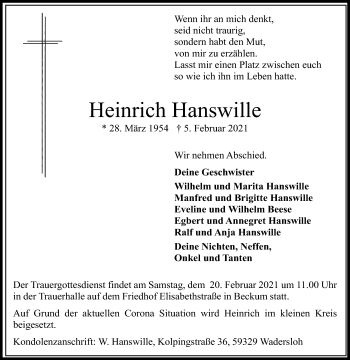 Traueranzeige von Heinrich Hanswille von Die Glocke