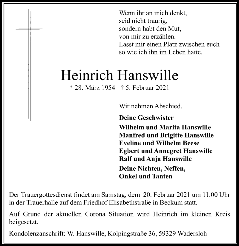  Traueranzeige für Heinrich Hanswille vom 13.02.2021 aus Die Glocke