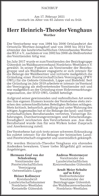 Traueranzeige von Heinrich-Theodor Venghaus von Die Glocke