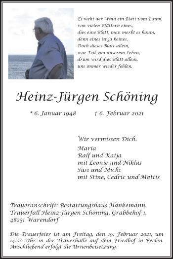 Traueranzeige von Heinz-Jürgen Schöning von Die Glocke