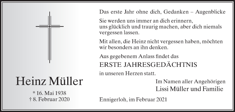  Traueranzeige für Heinz Müller vom 06.02.2021 aus Die Glocke