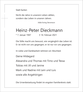 Traueranzeige von Heinz-Peter Dieckmann von Die Glocke