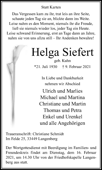 Traueranzeige von Helga Siefert von Die Glocke