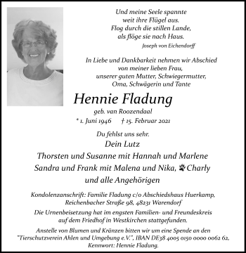 Traueranzeige von Hennie Fladung von Die Glocke