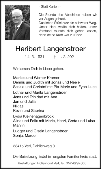 Traueranzeige von Heribert Langenstroer von Die Glocke