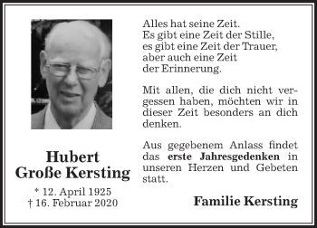 Traueranzeige von Hubert Große Kersting von Die Glocke