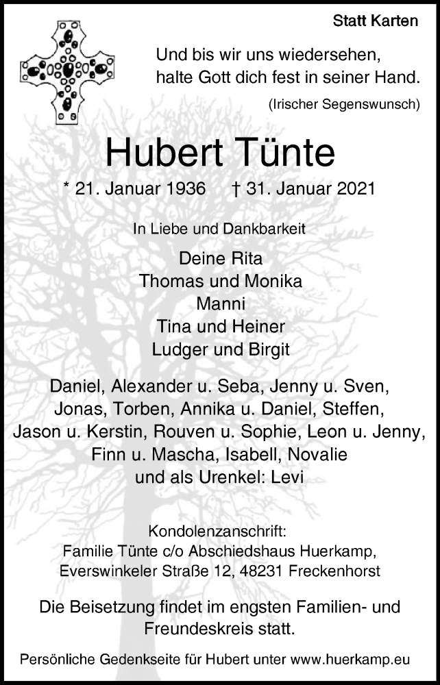  Traueranzeige für Hubert Tünte vom 03.02.2021 aus Die Glocke