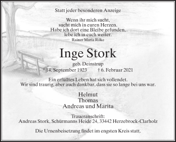 Traueranzeige von Inge Stork von Die Glocke